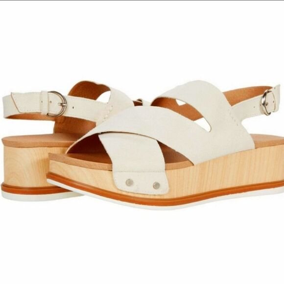 Dr Scholl's Sandals Wood Platform Leather Off White Metallic‎ Buckle Slingback 9 - Picture 1 of 7